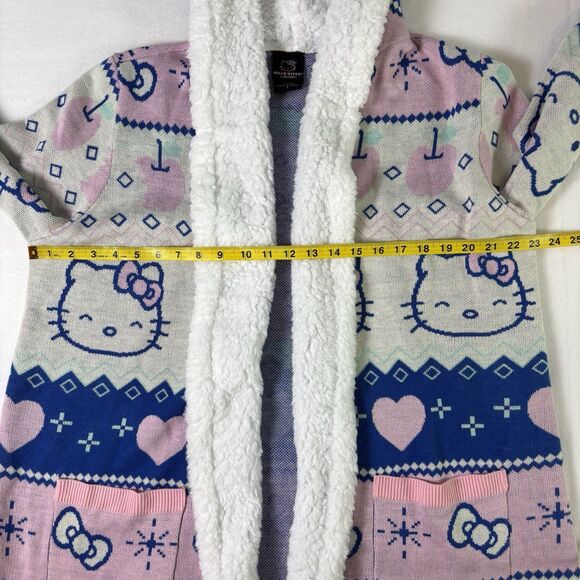 Hot Topic Hello Kitty Pastel Fair Isle Sherpa Girls Cardigan Size 1 Large Hooded - Picture 9 of 16